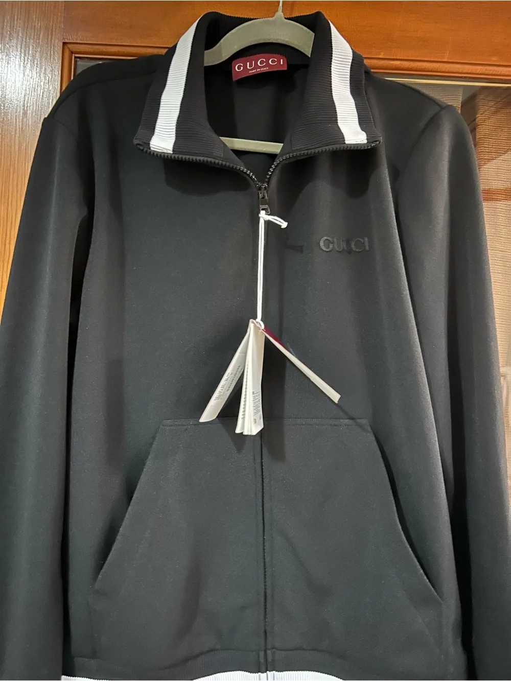 Men's Gucci jersey technical, zip up jacket, web, trim, size medium made Italy